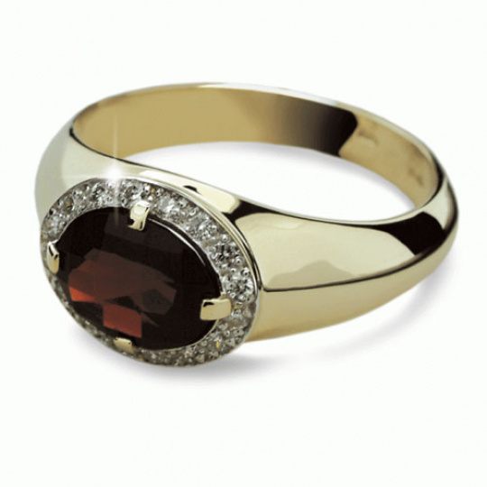 Briliantový prsten Danfil DF1892, materiál žluté zlato 585/1000, 1x granát, 25x briliant SI1/G = 0.1